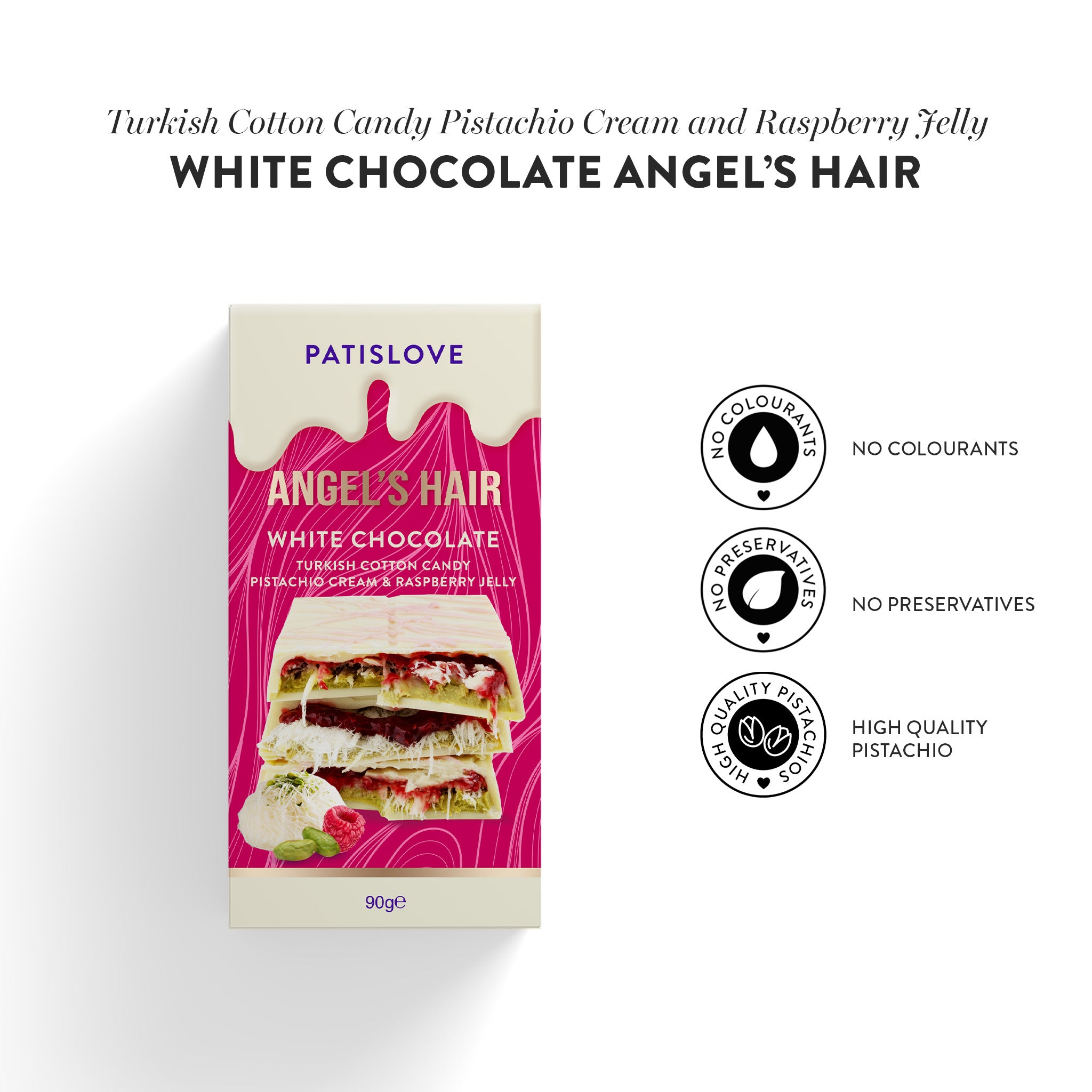 Angel’s Hair White Chocolate Turkish Cotton Candy Pistachio Cream & Raspberry Jelly, 90G