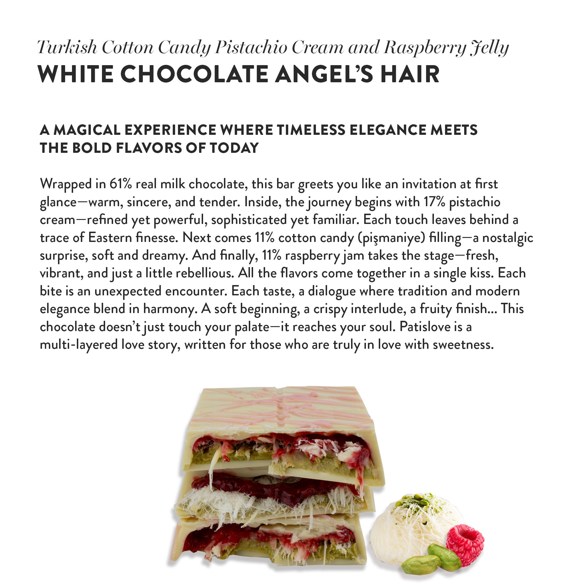 Angel’s Hair White Chocolate Turkish Cotton Candy Pistachio Cream & Raspberry Jelly