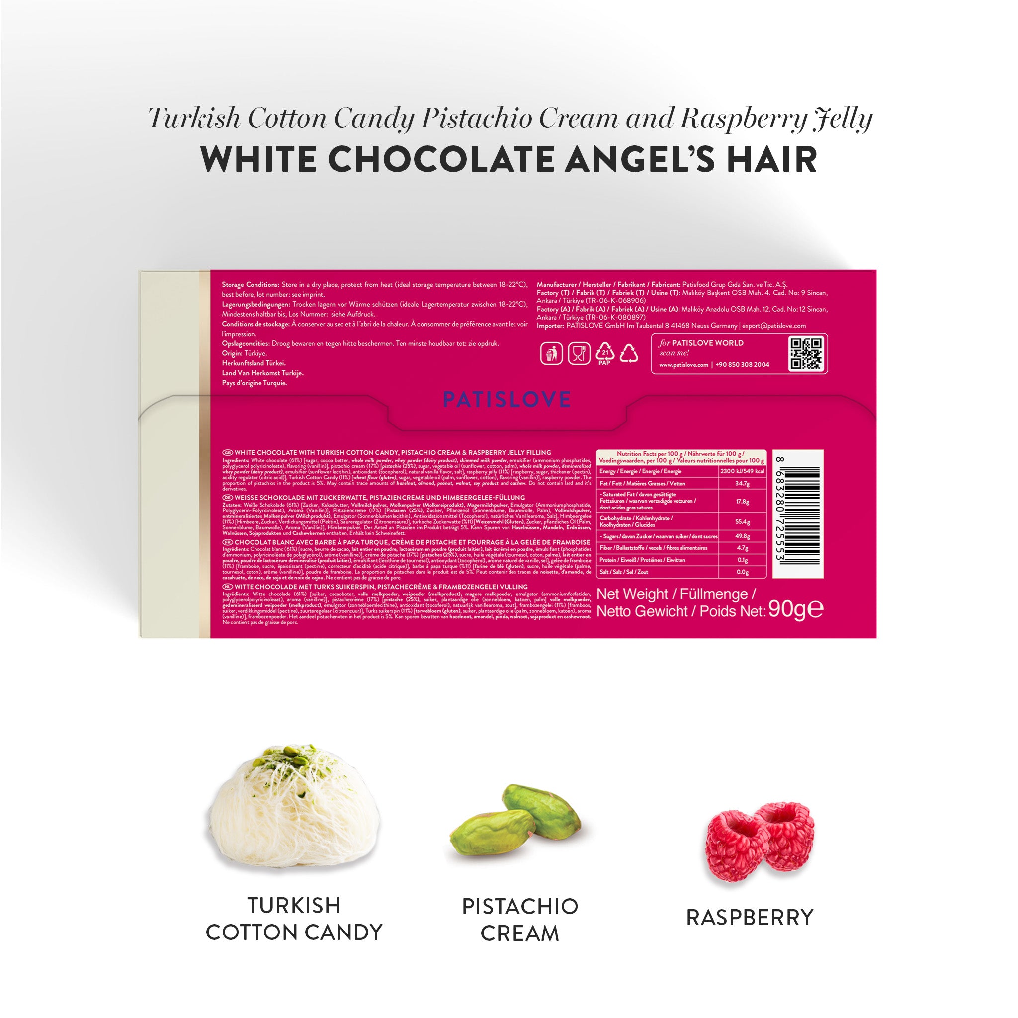 Angel’s Hair White Chocolate Turkish Cotton Candy Pistachio Cream & Raspberry Jelly, 90G