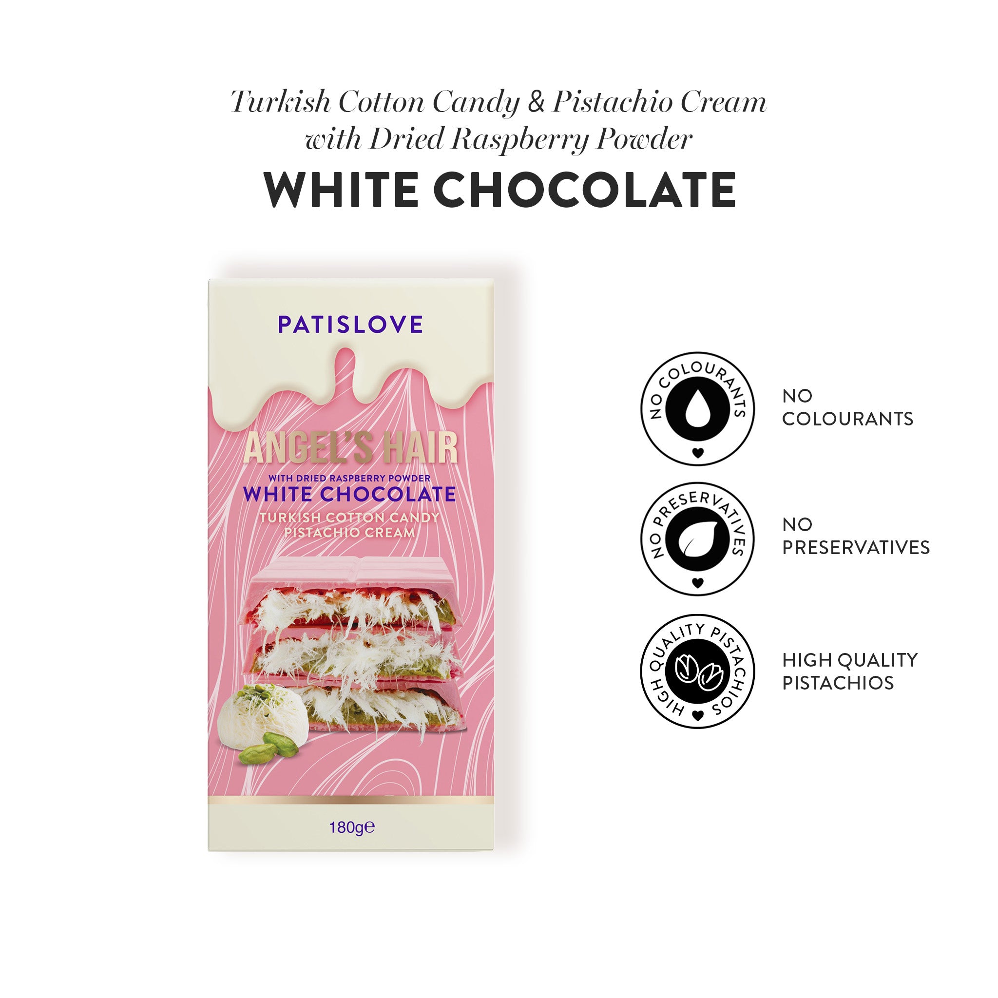 Angel’s Hair White Chocolate with Dried Raspberry Powder Turkish Cotton Candy Pistachio Cream, 180g