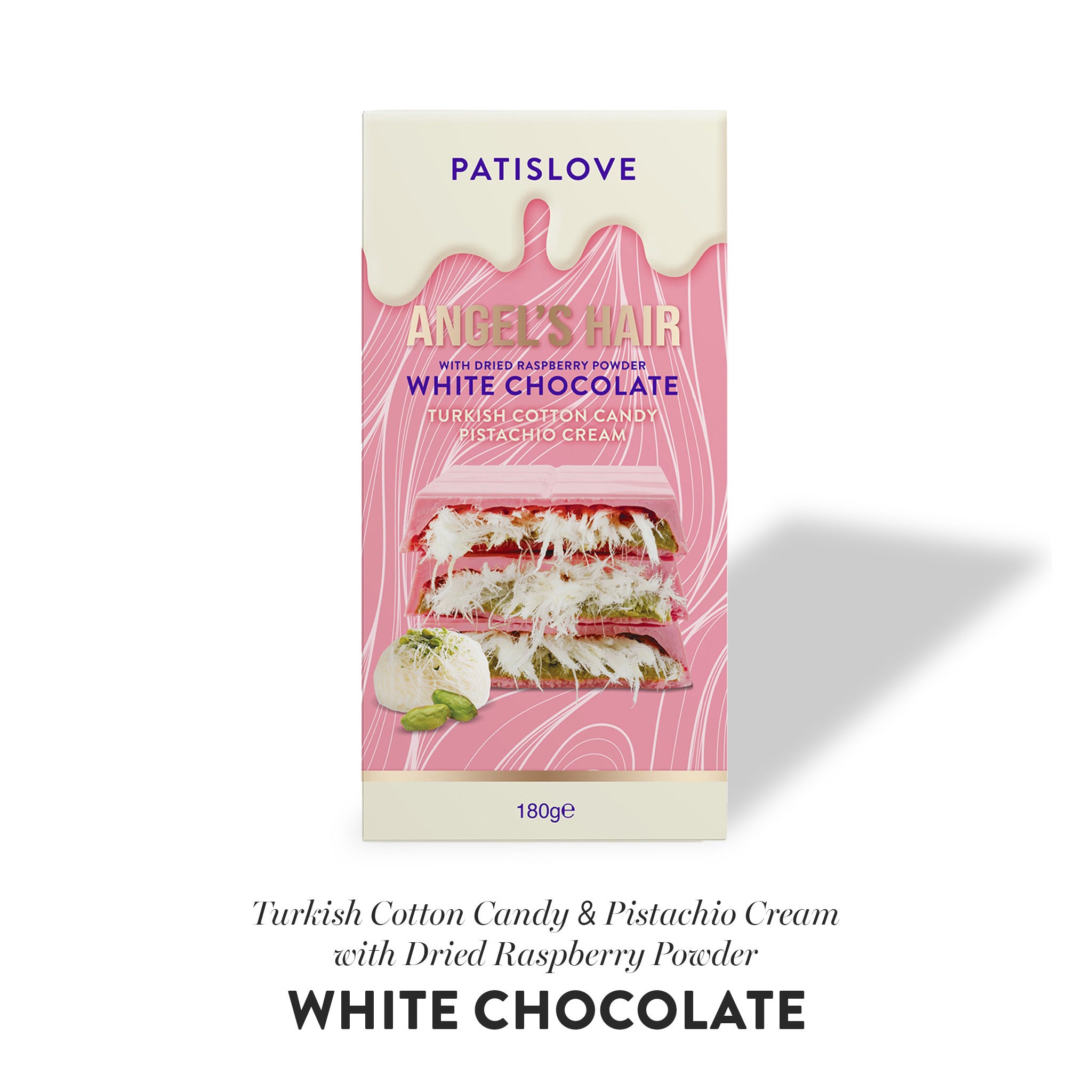 Angel’s Hair White Chocolate with Dried Raspberry Powder Turkish Cotton Candy Pistachio Cream, 180g