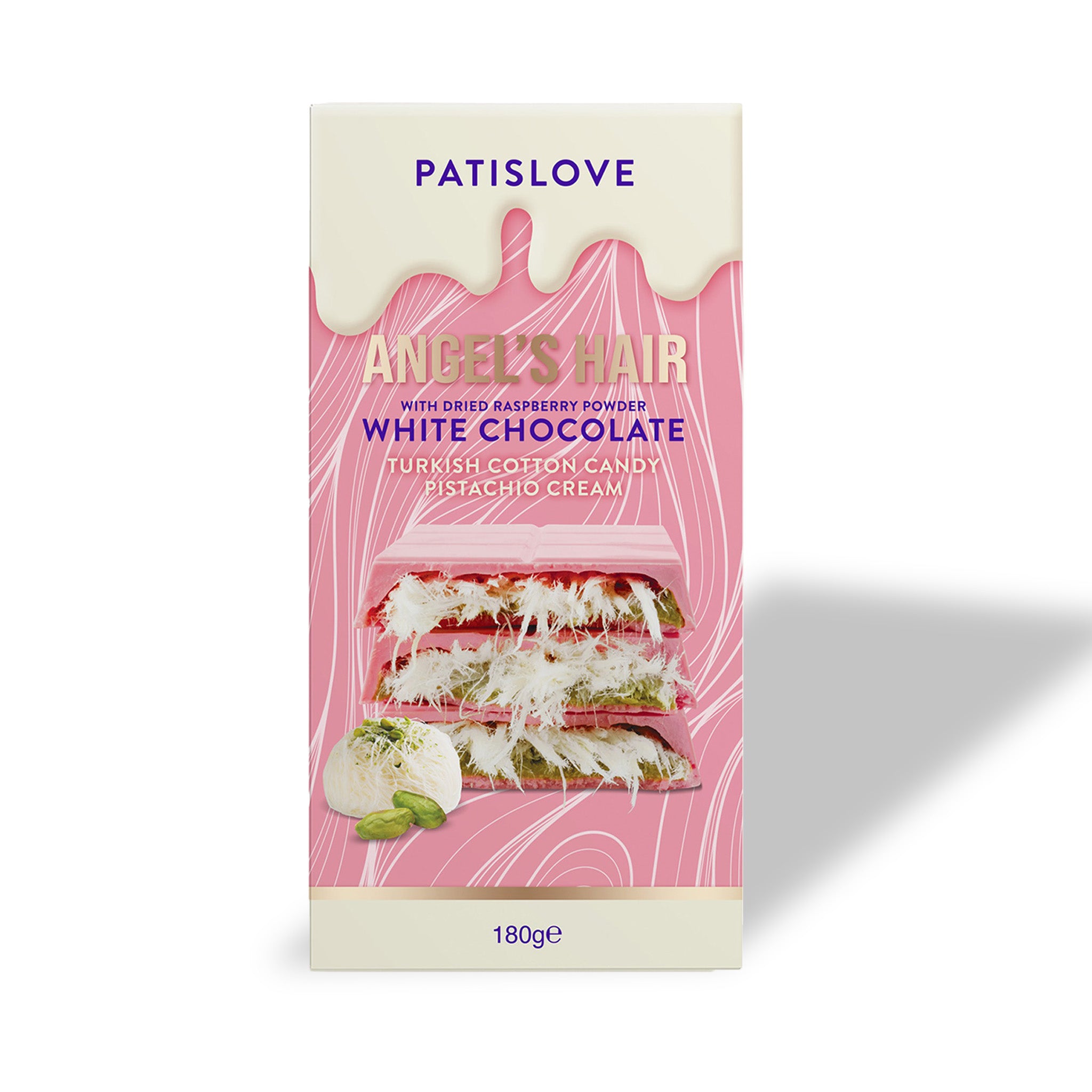 Angel’s Hair White Chocolate with Dried Raspberry Powder Turkish Cotton Candy Pistachio Cream, 180g