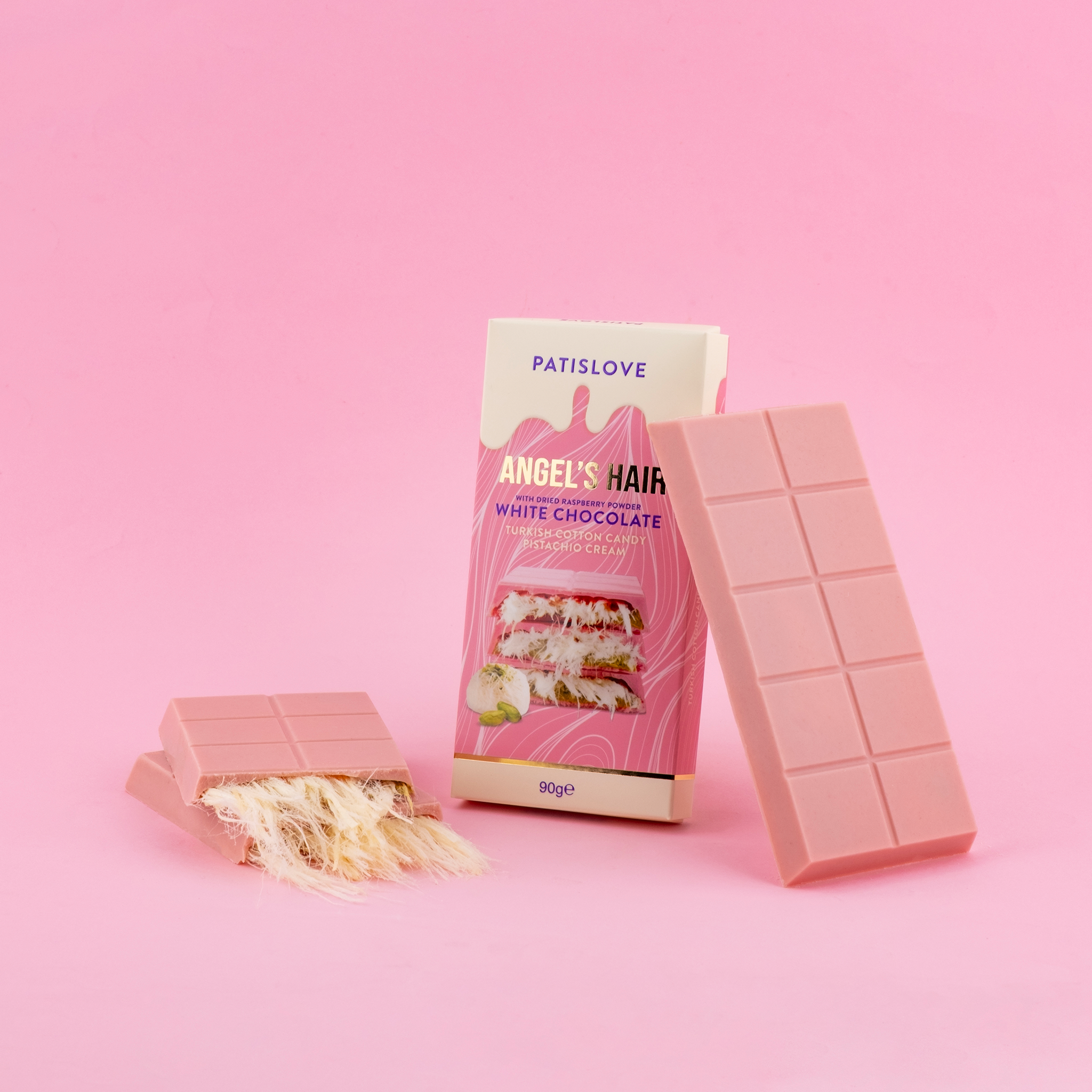 Angel’s Hair White Chocolate with Dried Raspberry Powder Turkish Cotton Candy Pistachio Cream, 180g