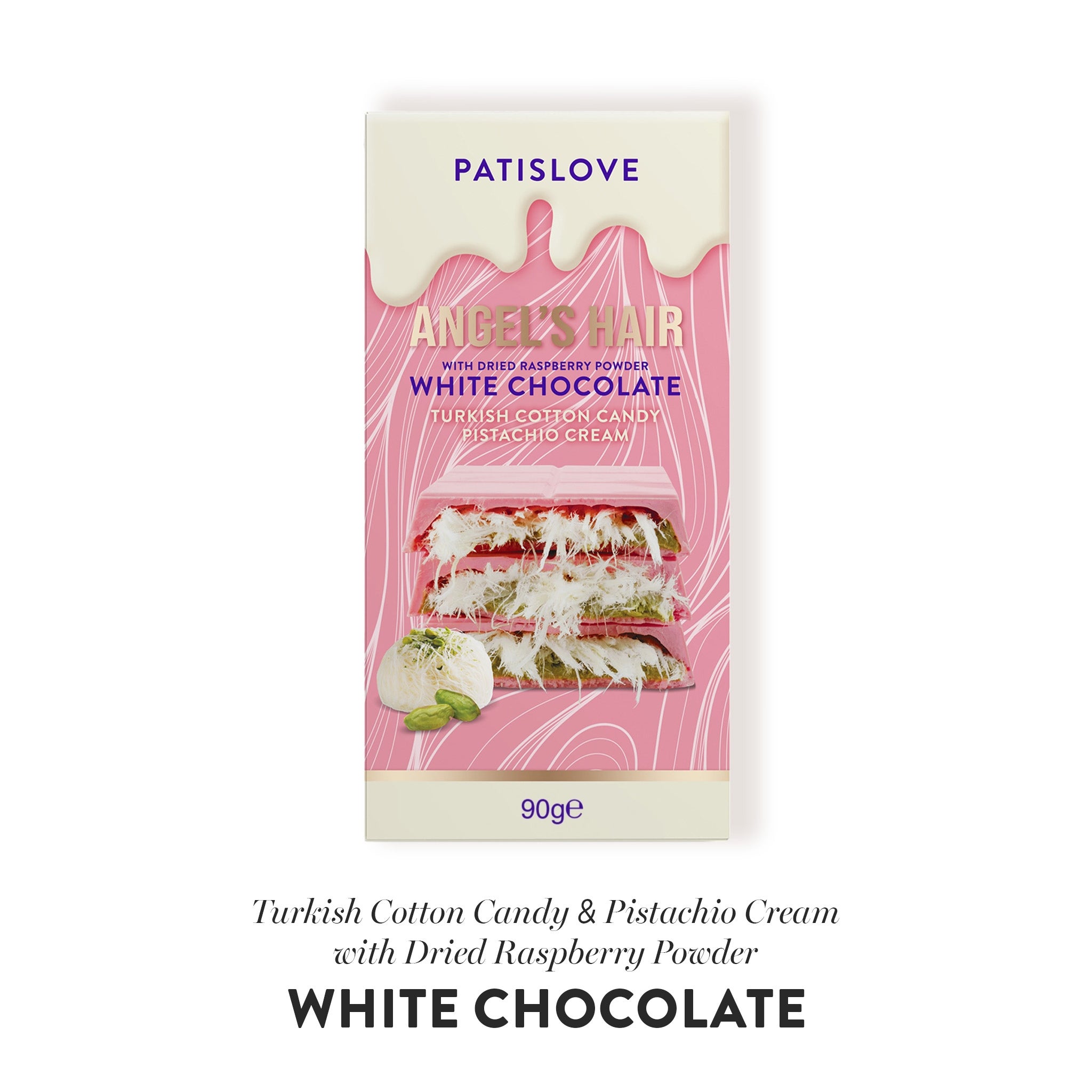 Angel’s Hair White Chocolate with Dried Raspberry Powder Turkish Cotton Candy Pistachio Cream, 90g