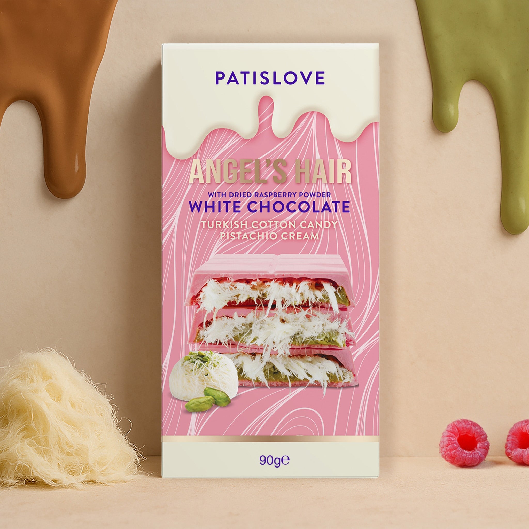 Angel’s Hair White Chocolate with Dried Raspberry Powder Turkish Cotton Candy Pistachio Cream, 90g