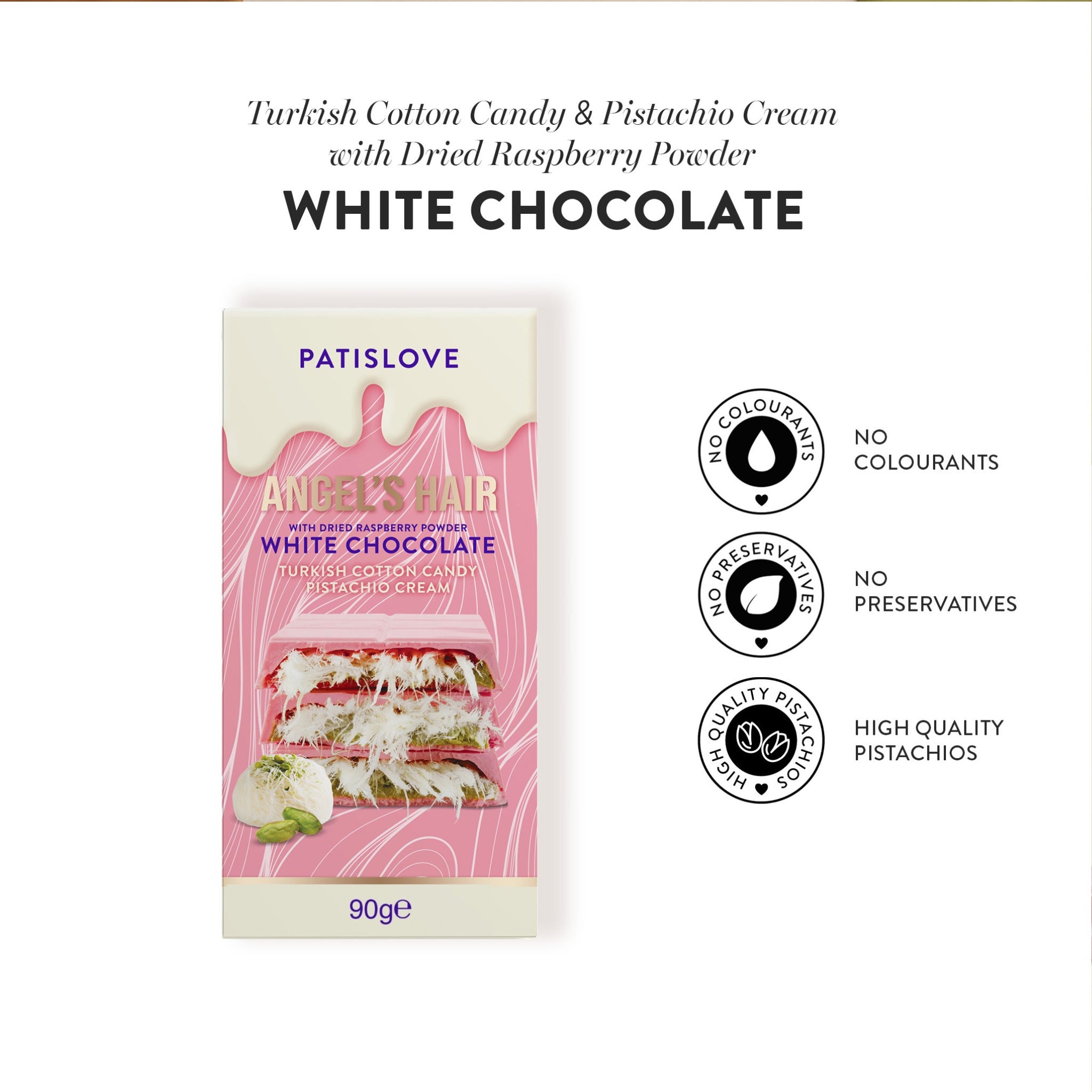 Angel’s Hair White Chocolate with Dried Raspberry Powder Turkish Cotton Candy Pistachio Cream, 90g