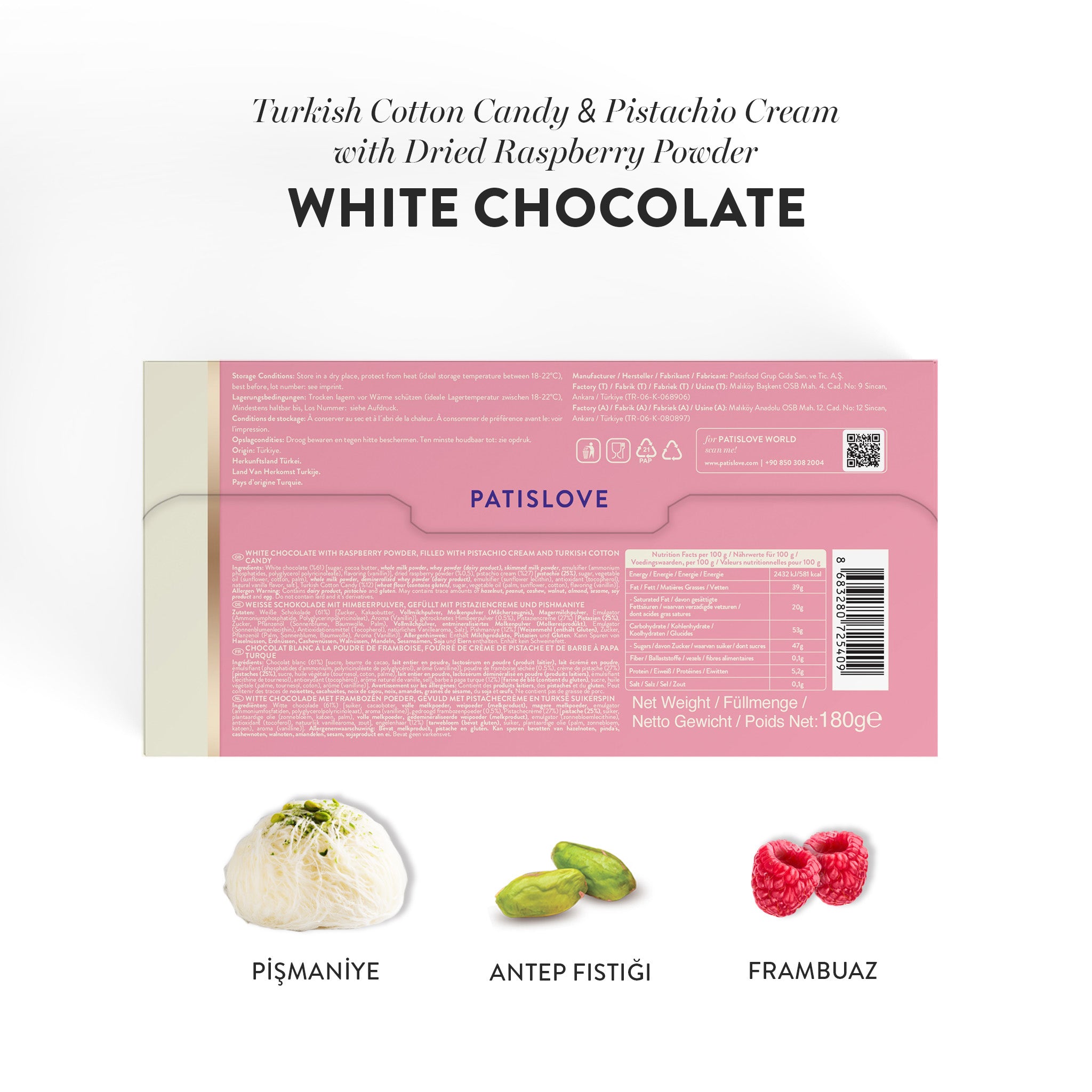 Angel’s Hair White Chocolate with Dried Raspberry Powder Turkish Cotton Candy Pistachio Cream, 180g