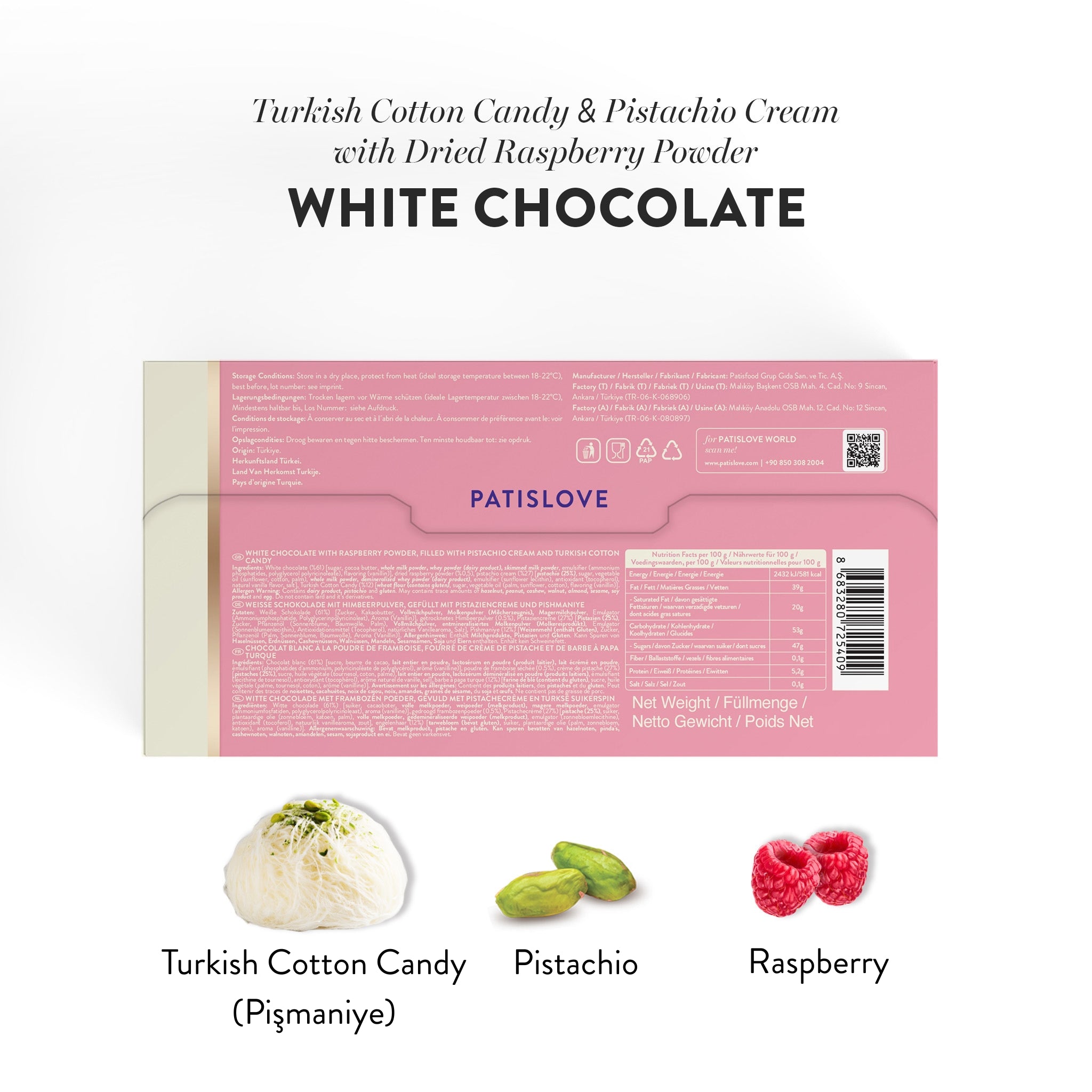 Angel’s Hair White Chocolate with Dried Raspberry Powder Turkish Cotton Candy Pistachio Cream, 90g